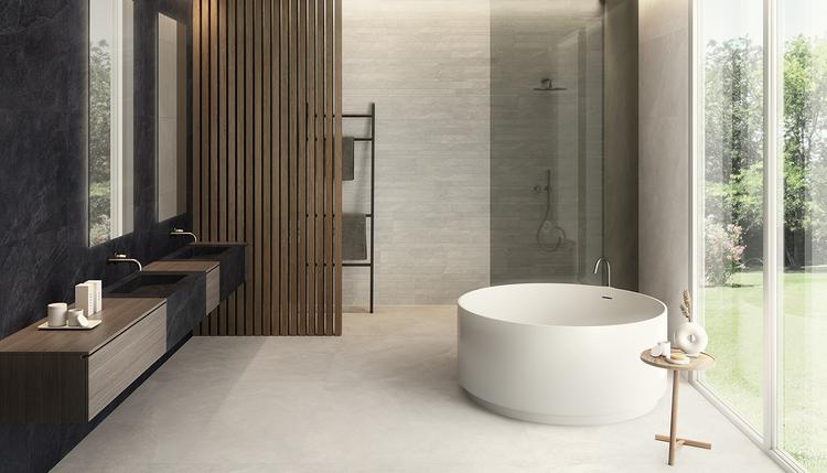 Cornerstone | Emilceramica Gres Porcelánico Ergon Cornerstone Piedra,cemento,mármol,resina Baño Slate Black ,slate White ,slate White Stone Imagen Galería | Emilceramica